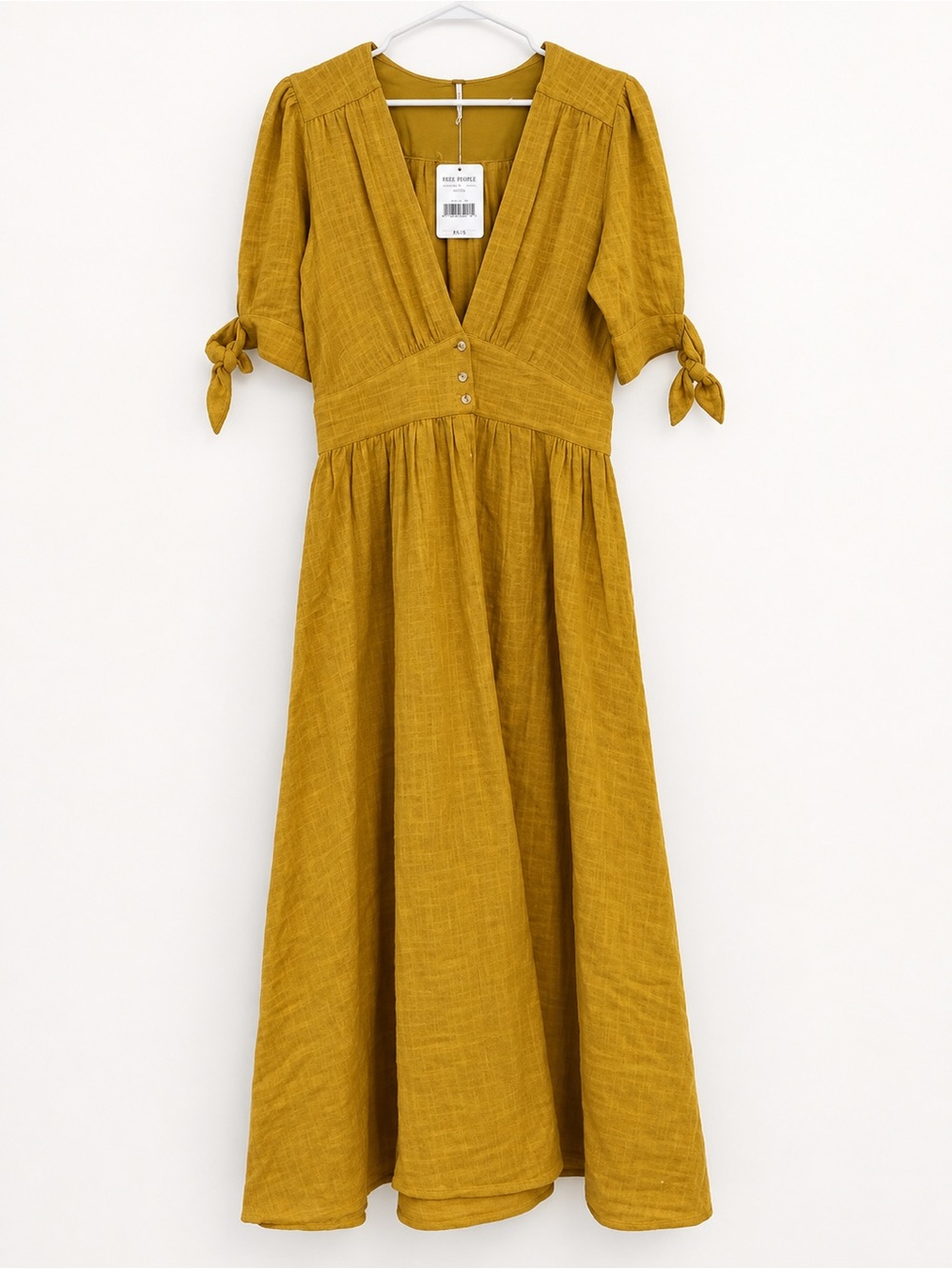 Free People Mustard Tie-Sleeve V‑Neck Maxi Dress